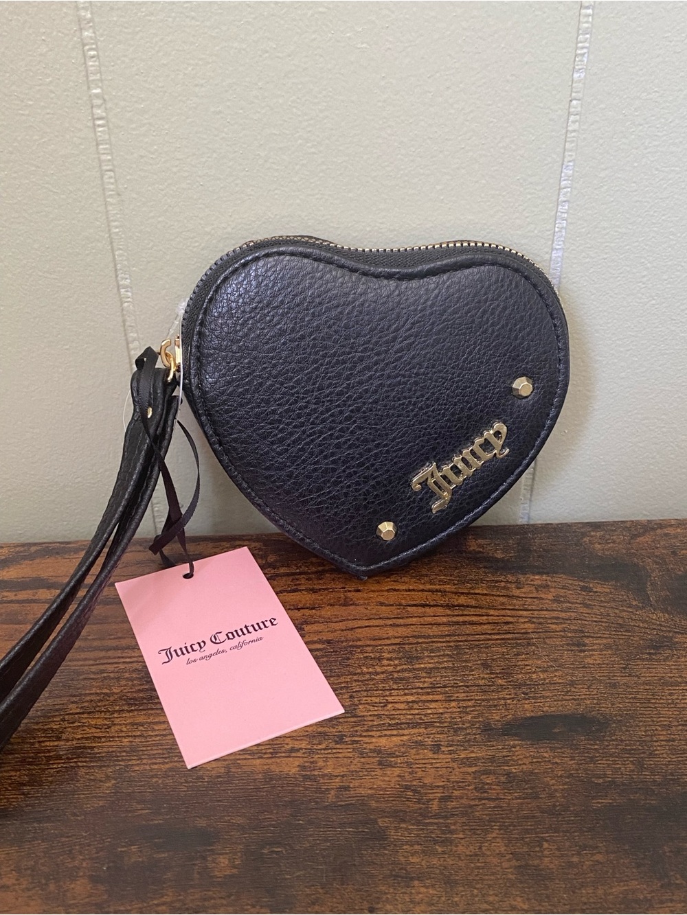 Juicy Couture Black Heart-Shaped Wristlet with Gold Logo NWT